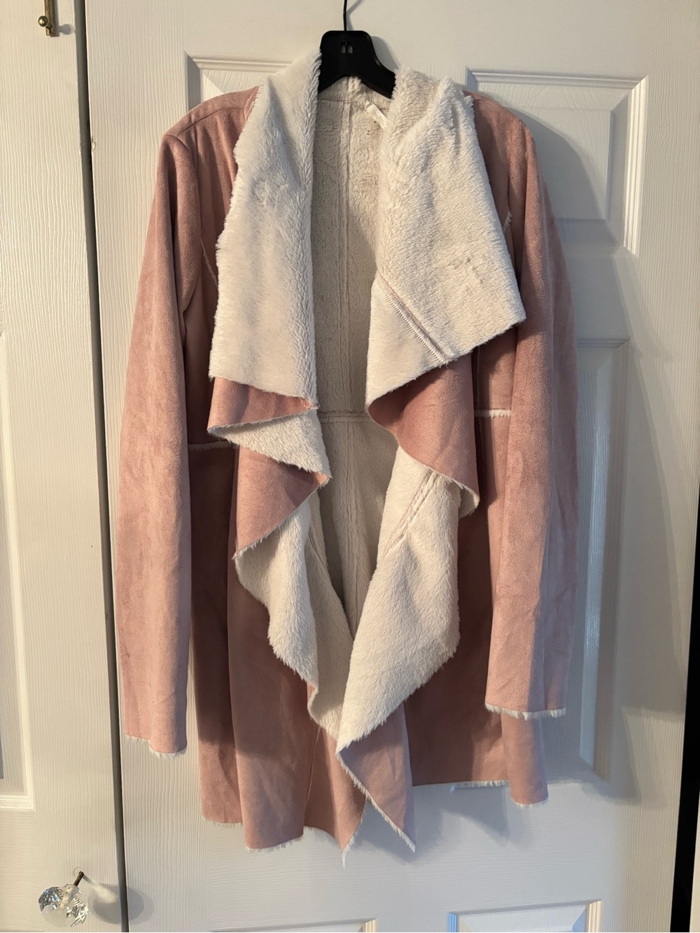 Soprano Blush Faux Suede Draped Teddy Jacket with Cream Sherpa